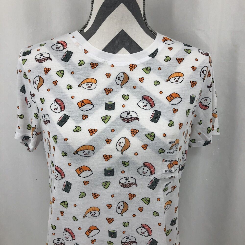 Modern Lux Sushi Emoji All Over Wasabi T-shirt White Short Sleeve Small NWT